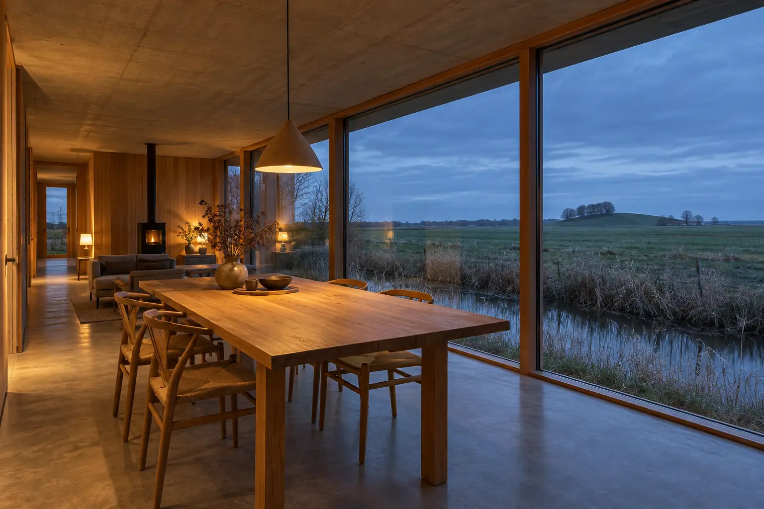 Interieur van Huis Wierde: eettafel voor een glazen gevel met uitzicht op het vlakke land bij schemering